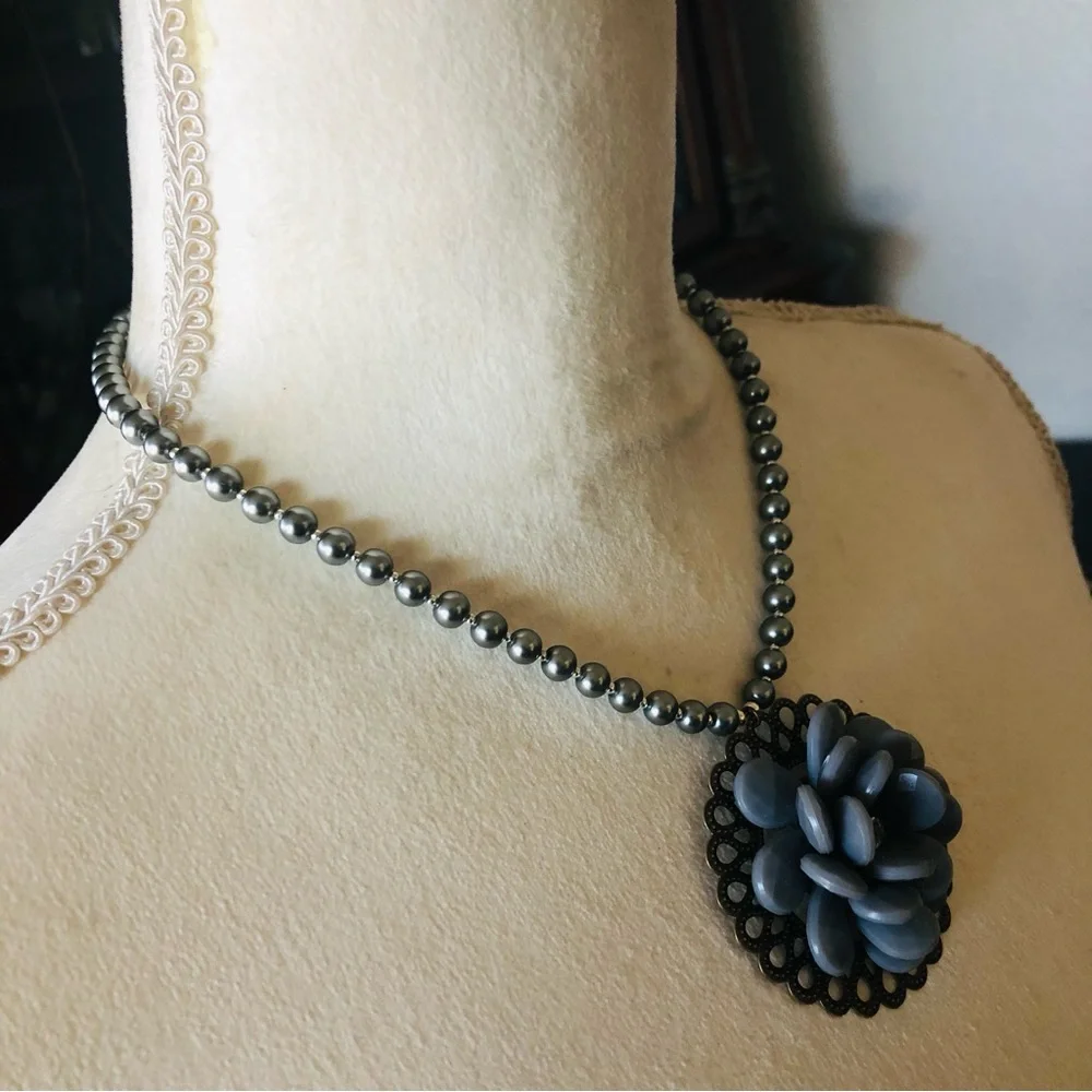 Handcrafted repurpose faceted floral pendant Czech glass Pearl necklace